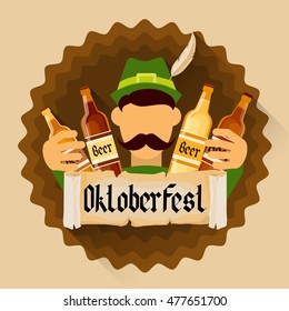 Green Patric Hold Beer Bottles Oktoberfest Festival Holiday Decoration Banner Flat Vector Illustration