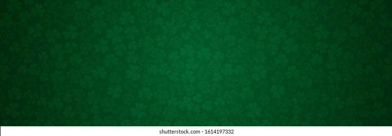 Green Patrick Day greeting banner with green clovers. Patrick's Day holiday design. Horizontal 
 background, headers, posters, cards, website. Vector illustration 