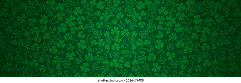 Green Patrick Day greeting banner with green clovers. Patrick's Day holiday design. Horizontal background, headers, posters, cards, website. Vector illustration 