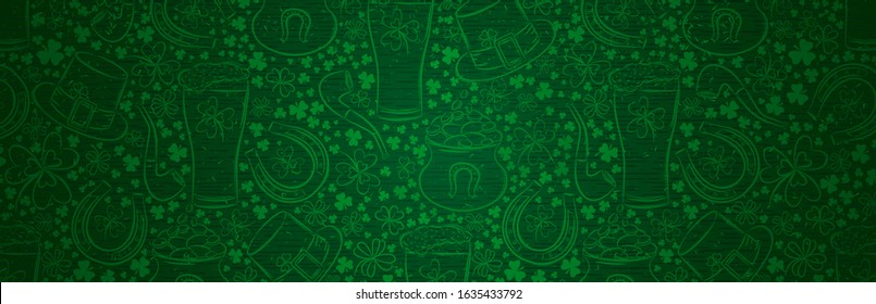 Green Patrick Day greeting banner with green clovers, beer mug, horseshoe, hat, pipe. Patrick's Day holiday design. Horizontal background, headers, posters, cards, website. Vector illustration 