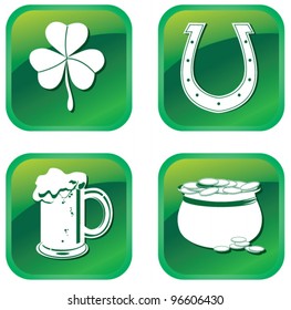 Green patrick symbols icons with clover, pot, beer and horseshoe