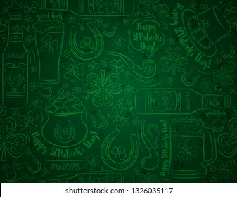 Green Patricks day background with beer mug, beer bottle, horseshoe, hat, pipe, shamrocks, pot with golden coins, vector illustration. Can be used for wallpaper,  scrap booking, vector illustration.