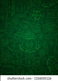 Green Patricks day background with beer mug, beer bottle, horseshoe, hat, pipe, shamrocks, pot 
with golden coins, vector illustration. Can be used for web, scrap booking, vector 
illustration.