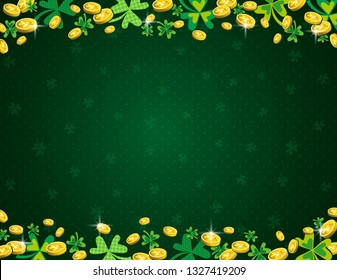 Green Patricks Day background with frame of golden coins and clover. Patrick's Day design. Greetings card. Can be used for wallpaper, web, scrap booking, vector. 