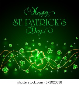 Green Patricks Day background with glittering clover and holiday lettering Happy St. Patrick's Day, illustration.