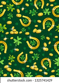 Green Patricks Day background with golden horseshoe, coins and clover. Patrick's Day design. Seamless Pattern. Can be used for wallpaper, web, scrap booking, vector illustration.
