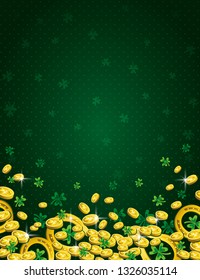 Green Patricks Day background with golden horseshoe, coins and clover. Patrick's Day design. Greetings card. Can be used for wallpaper, web, scrap booking, vector. 