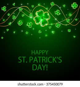 Green Patrick's Day background with shiny clover, illustration.