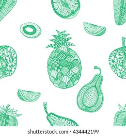 Green pattern backgroud of fruit. Plant. Exotic fruit. Line art. Hand drawn. Doodle vector illustration.