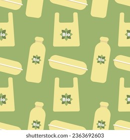 Green pattern biodegradable packaging bag box container bottle. Ecology concept.