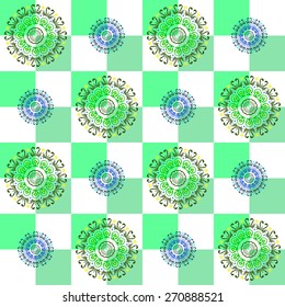 Green pattern of circles and floral shapes on green and white - Illustration 