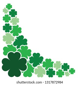 Green pattern with clovers, shamrock leaves for St. Patrick's Day. Holiday symbol with frame, border for text, for greeting cards, banner or invitation
