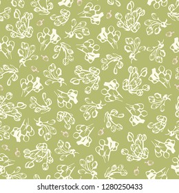 Green pattern with cream silhouette blossom and pink flower buds. Surface pattern design.