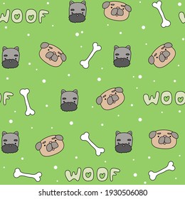 Green pattern with cute, funny happy dogs. Prints, baby text woof and pets texture for children.