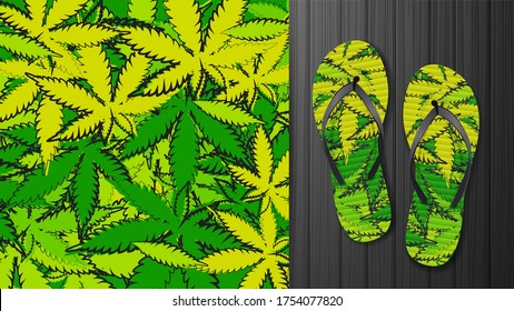 Green pattern with Doodle style cannabis leaves. Pattern design for printing on flip-flops. Visualization of flip-flops design