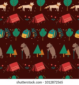 A green pattern with forest animals vector illustration. Night walk of a bear and foxes. Camping by wildlife. Cute red tent. Sweet childish fabric pattern. Picture on the wall in the bedroom.