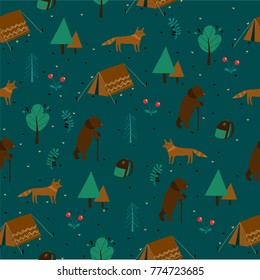 A green pattern with forest animals vector illustration. Night walk of a bear and foxes. Camping by wildlife. Vector illustration cartoon style.  Trekking in the autumn in the forest. 