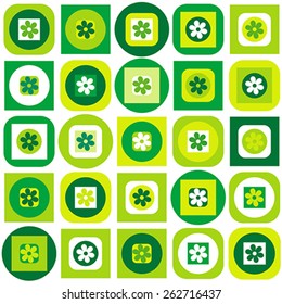 Green pattern of geometric shapes and flowers