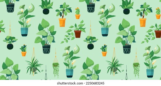 Patrón verde con plantas interiores. Hogares en ollas, kokedama, plantas colgantes. Ilustración vectorial colorida al estilo de las caricaturas. Patrón de diseño sin inconvenientes.