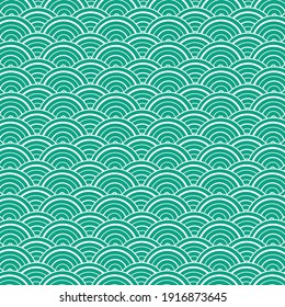 Green Pattern Of Japanese Wave Pattern Vector Design With Ocean Green And White Colors.