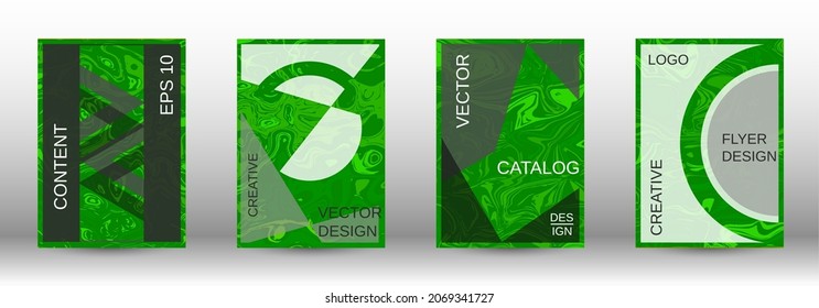  Green pattern with lava shapes.Modern case set. Abstract marble pattern. Bright illustration consisting of blurred lines, circles. Template for your business design.