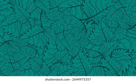 green pattern with  leaves background. Hand drawn illustration.