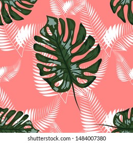 Green pattern with monstera palm leaves on dark background. Seamless summer tropical fabric design.