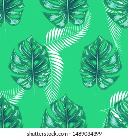 Green pattern with monstera palm leaves. Seamless summer tropical fabric design.