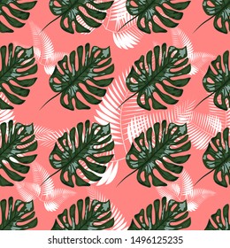 Green pattern with monstera palm leaves. Seamless summer tropical fabric design.