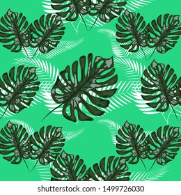 Green pattern with monstera palm leaves. Seamless summer tropical fabric design.