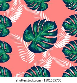 Green pattern with monstera palm leaves on dark background. Seamless summer tropical fabric design.