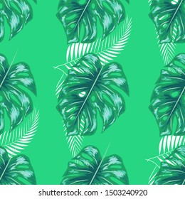 Green pattern with monstera palm leaves. Seamless summer tropical fabric design.