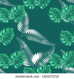 Green pattern with monstera palm leaves. Seamless summer tropical fabric design.