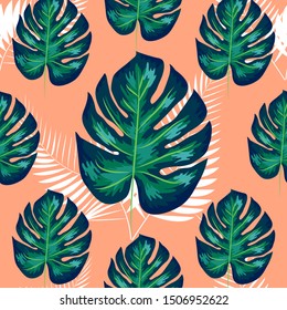 Green pattern with monstera palm leaves. Seamless summer tropical fabric design.