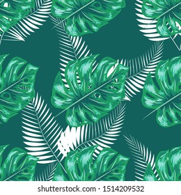 Green pattern with monstera palm leaves. Seamless summer tropical fabric design.