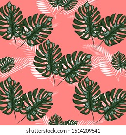 Green pattern with monstera palm leaves on dark background. Seamless summer tropical fabric design.