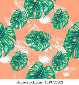 Green pattern with monstera palm leaves. Seamless summer tropical fabric design.