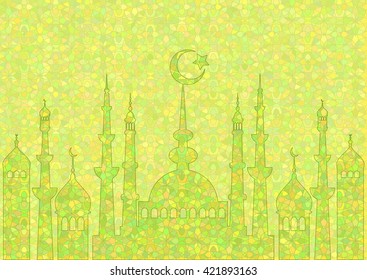 Green pattern with mosques on stained glass kaleidoscope backdrop for wishes with beginning of fasting month of Ramadan, as well with Islamic holiday Eid al-Fitr and Eid al-Adha. Vector illustration