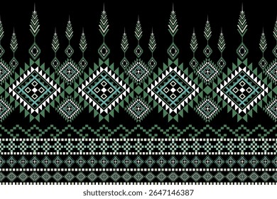 Green pattern on black background full area in geometric square shape, seamless horizontal.