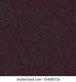 Green pattern on burgundy background. Hand-drawn floral and indian elements, seamless pattern, vector