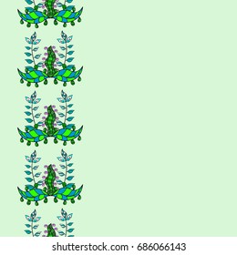 Green pattern on light background with green elements. Vector green seamless pattern. Flat hand drawn vintage collection. Backdrop, fabric, blue wallpaper.