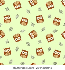 Green pattern with owls and leaves. Squishmallow. Owl, leaves. Kawaii, Vector. Isolated vector illustration eps 10