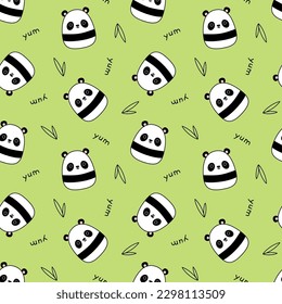 Patrón verde con panda. Sí. Squishmallow. Antecedentes con panda. Kawaii, vector. Ilustración vectorial aislada eps 10