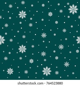 Green pattern with snowflakes for paper and gifts for Christmas and new year. Christmas snowfall.
