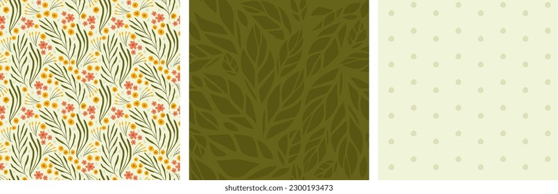 patrón verde de ramas y flores. elegante fondo astracto. fondo ecológico de moda. conjunto de patrones sin fisuras.