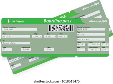 Green pattern of two airline boarding pass tickets for traveling by plane. Vector illustration.