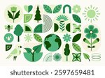 Green pattern vector illustration. Geometric nature design in minimal flat modern style with leaf plant, flower, earth globe, bird, butterfly, organic geometry shape. Fresh eco herb square composition