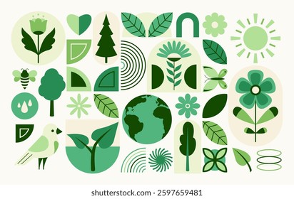 Green pattern vector illustration. Geometric nature design in minimal flat modern style with leaf plant, flower, earth globe, bird, butterfly, organic geometry shape. Fresh eco herb square composition