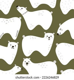 Green pattern with white minimalistic bears in Scandinavian style. Seamless vector pattern with winter animals