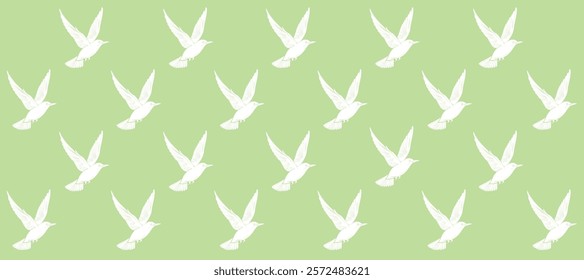 Green pattern with white silhouette of birds flight background